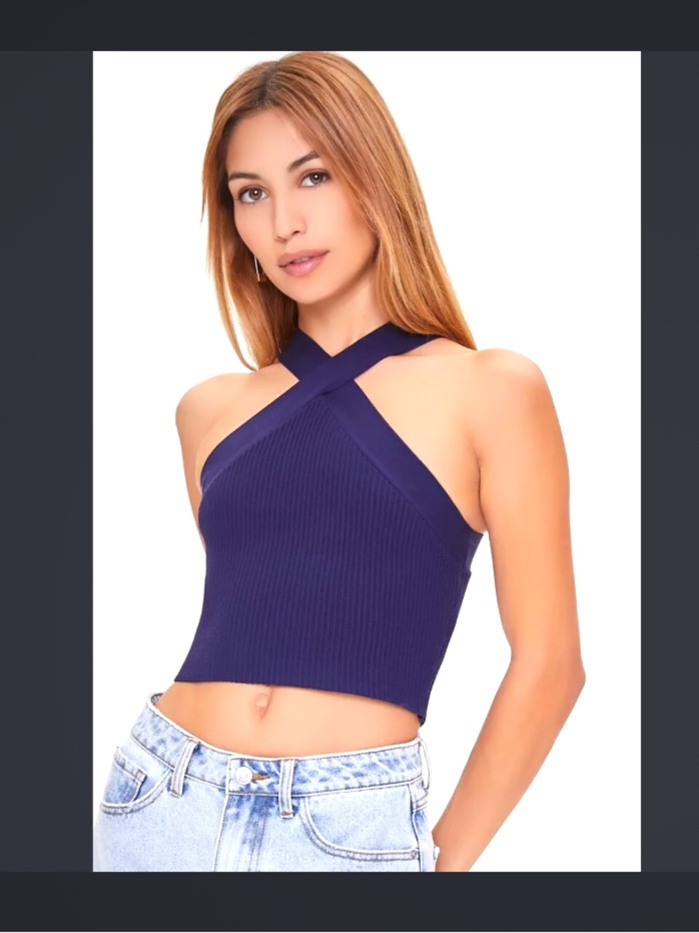 Cross-Neck Ribbed Crop Tank Top - Navy